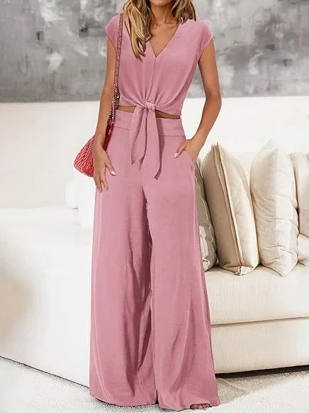 Women's Plain Daily Going Out Two-Piece Set Brick Red Casual Summer Top With Pants Matching Set
