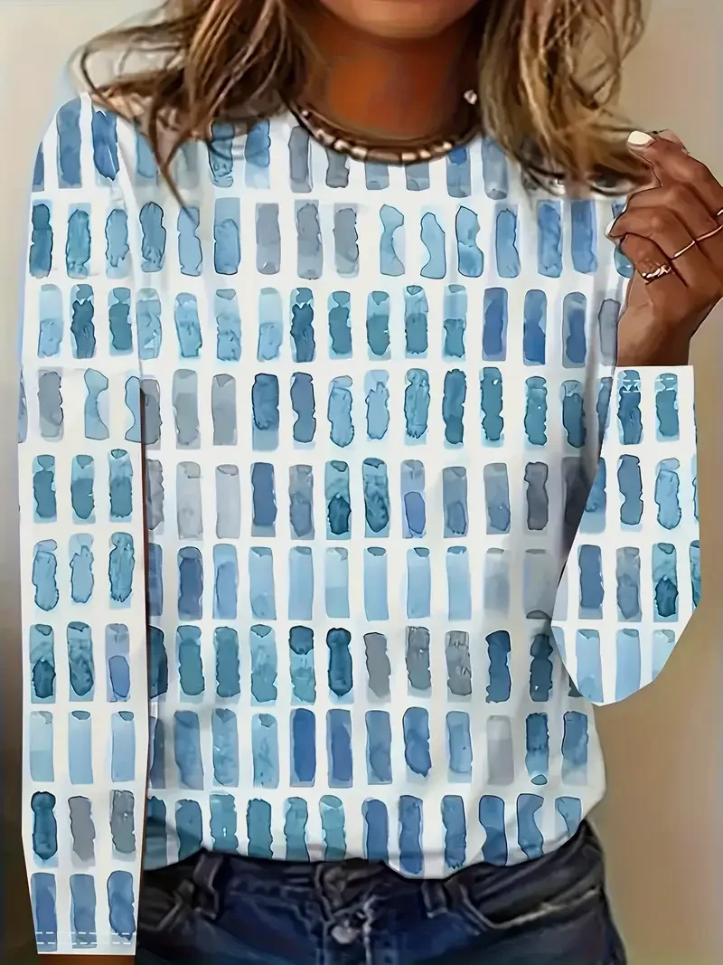 Women's Geometric Print Casual Round Neck Long Sleeve T-Shirt