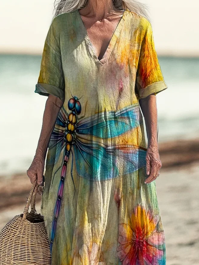 Dragonfly Regular Fit V Neck Casual Dress With No