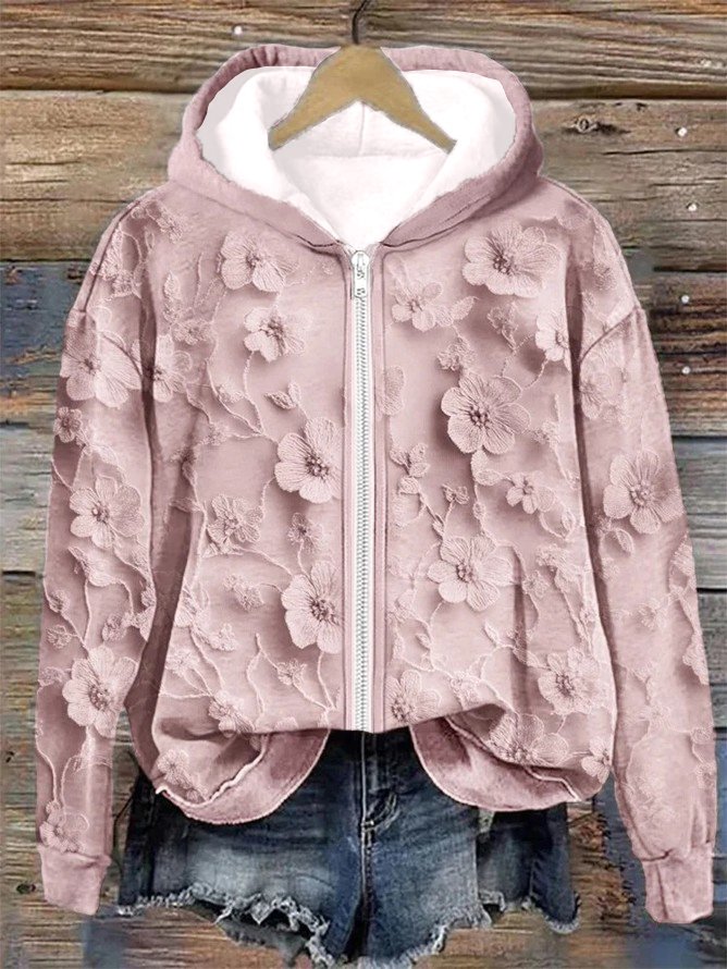 3D Printing Floral Embroidered Lace Cozy Full Zip Hoodie