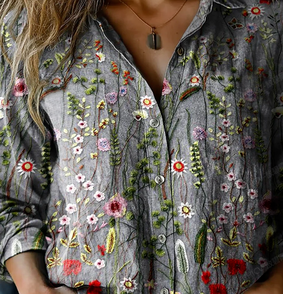 Ladies Vintage Cute Floral Print Casual Long Sleeve Comfortable Cotton Shirt