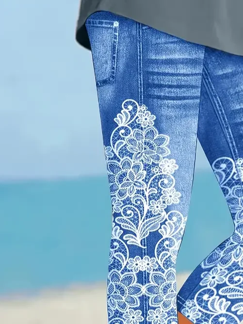 Women's Faux Denim Floral Spring Print Casual Fashion Leggings