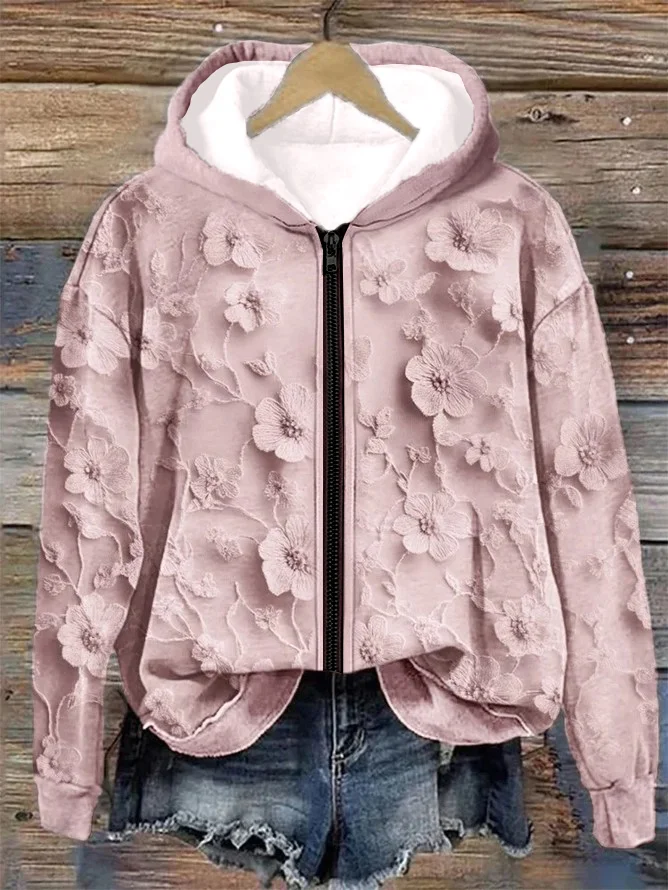 3D Printing Floral Embroidered Lace Cozy Full Zip Hoodie