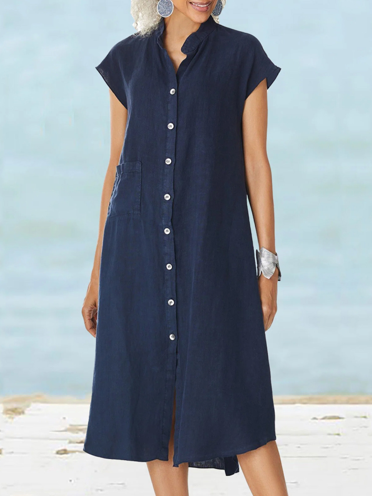 Women's Short Sleeve All Season White Plain Stand Collar Daily Going Out Casual Midi H-Line Shirt Dress Dress