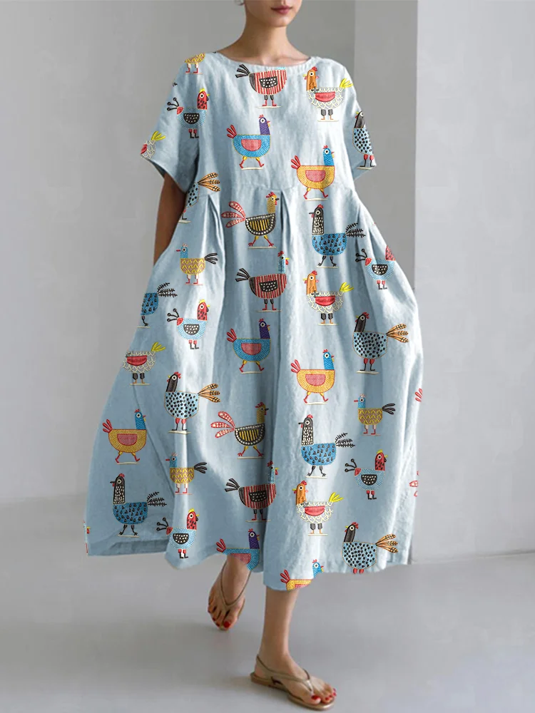 Funny Farm Chicken Embroidery Pattern Linen Blend Casual Dress With No Belt
