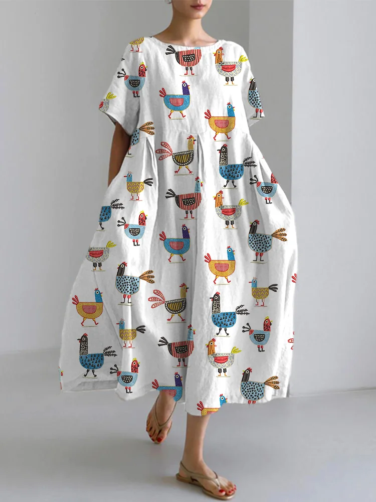 Funny Farm Chicken Embroidery Pattern Linen Blend Casual Dress With No Belt