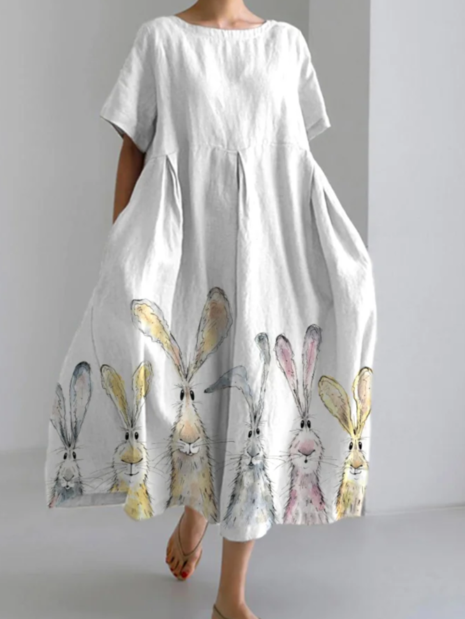 Watercolor rabbit print linen blend casual Dress With No Belt