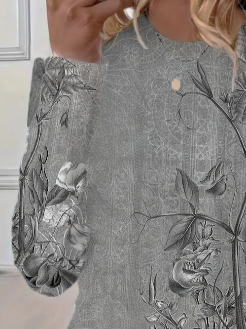Women's Spring Floral Print Casual Round Neck Long Sleeve T-Shirt