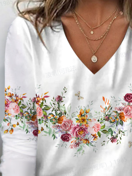 Women's Floral Spring Print Casual V-Neck Long Sleeve T-Shirt