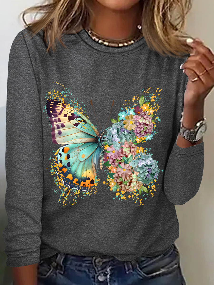 Floral Butterfly Casual Long Sleeve Shirt