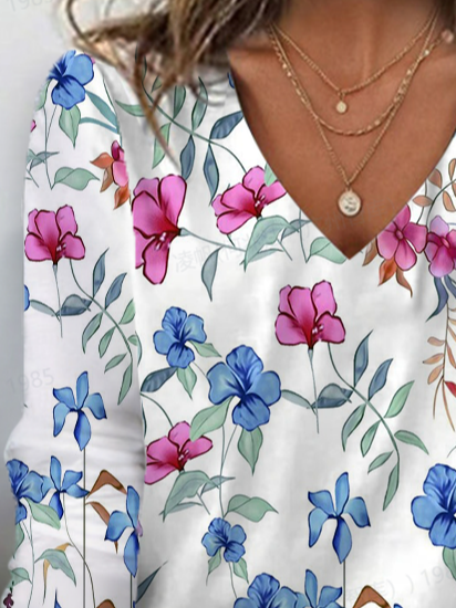 Women's Floral Spring Print Casual V-Neck Long Sleeve T-Shirt