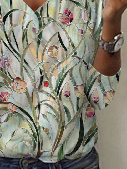 Women's Floral Spring Print Casual V-Neck Long Sleeve T-Shirt