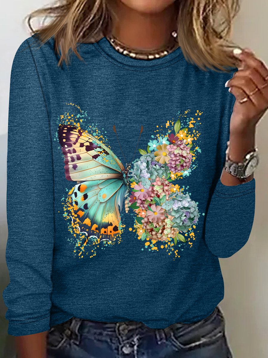 Floral Butterfly Casual Long Sleeve Shirt