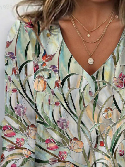 Women's Floral Spring Print Casual V-Neck Long Sleeve T-Shirt