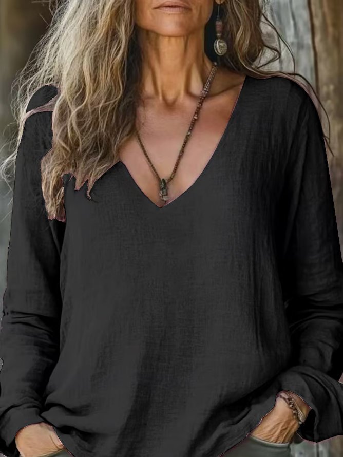 Women's Daily Solid Color Casual V-Neck Long-Sleeved T-Shirt