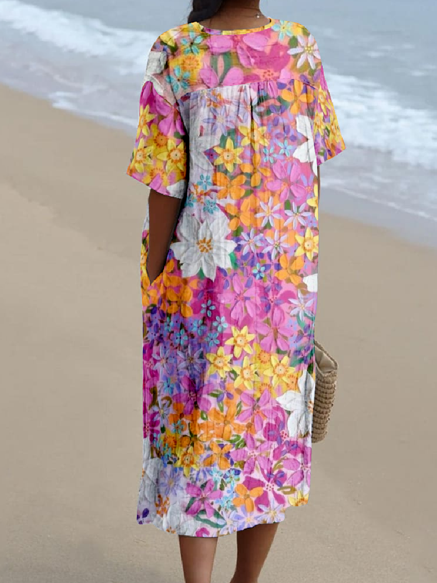 Vintage Tropical Loose Dress With No
