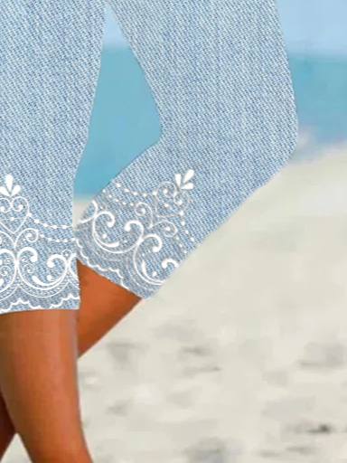 Women's Floral Spring Print Casual Faux Denim Leggings