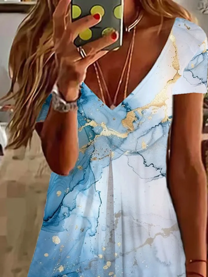 Women's Abstract Spring Print Casual V-Neck Short Sleeve Dress