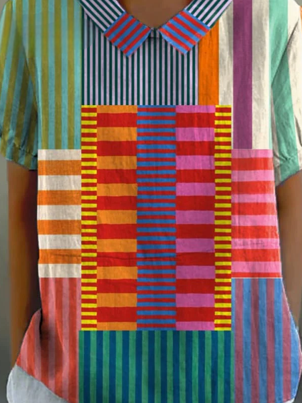 Loose Casual Striped Shawl Collar T-Shirt