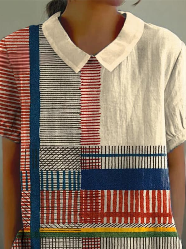 Loose Striped Shawl Collar Casual T-Shirt