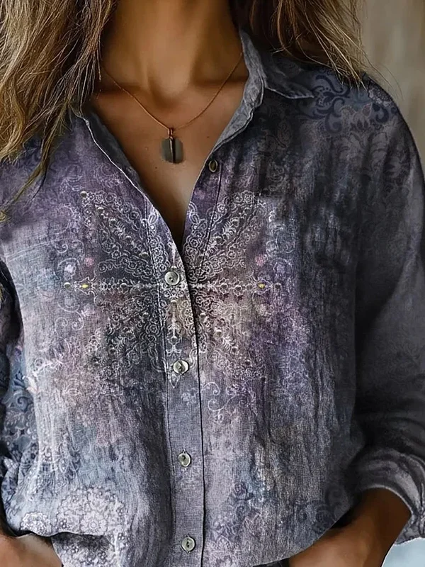 Women's Retro Ethnic Totem Printed Casual Long Sleeve Linen Shirt