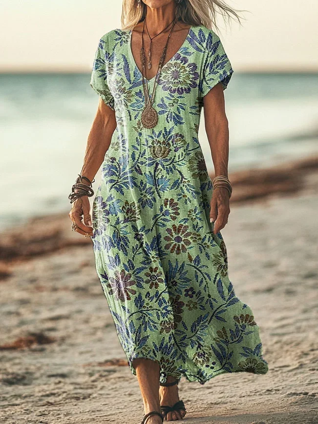 Women's Short Sleeve Summer Green Floral Printing V Neck Daily Going Out Casual Maxi H-Line T-Shirt Dress Dress