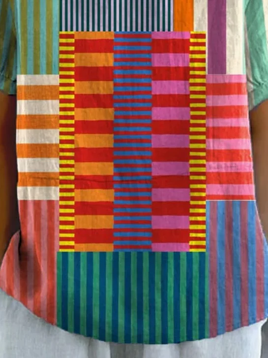 Loose Casual Striped Shawl Collar T-Shirt