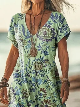 Women's Short Sleeve Summer Green Floral Printing V Neck Daily Going Out Casual Maxi H-Line T-Shirt Dress Dress