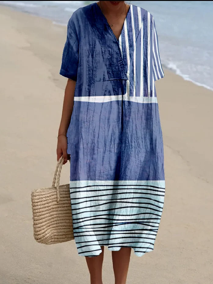 Cotton-Blend Boho Ethnic Geometry Loose Dress With No