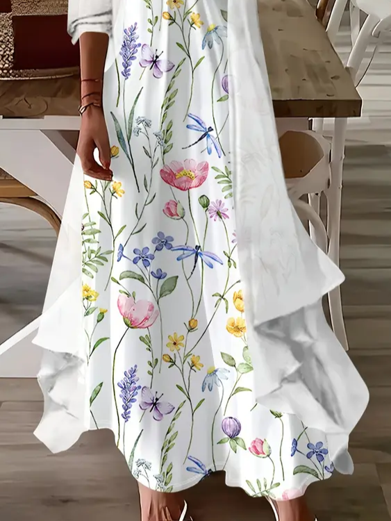 Women's Floral Spring Print Two Piece Dress Set