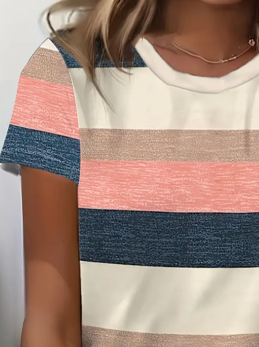 Women's Striped Print Round Neck Short Sleeve T-Shirt