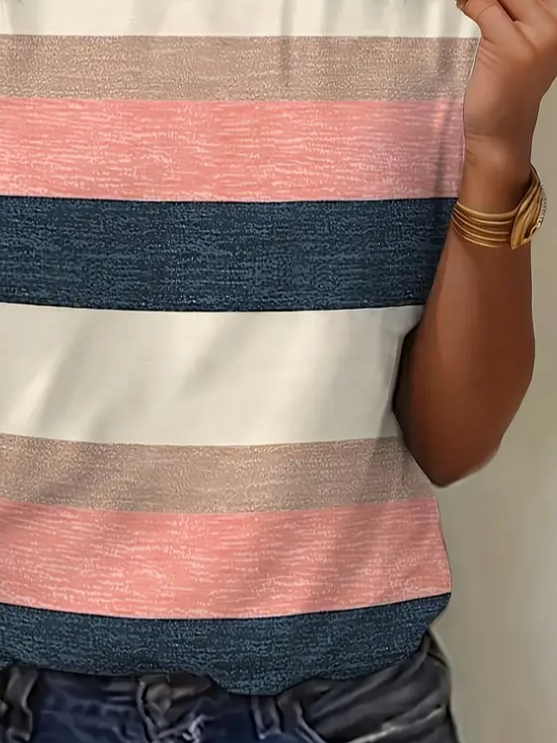 Women's Striped Print Round Neck Short Sleeve T-Shirt