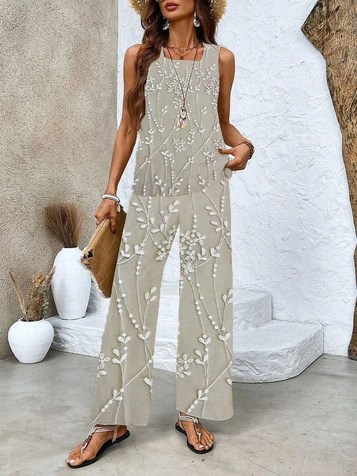 Women's Floral Spring Print Tank Top Pants Two Piece Set