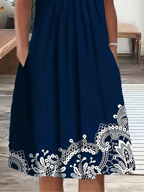 Women's Short Sleeve Summer Purplish blue Floral Printing Crew Neck Daily Going Out Casual Midi H-Line Fit & Flare Dress Dress