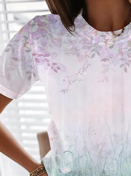 Women's Floral Spring Print Round Neck Casual Short Sleeve T-Shirt