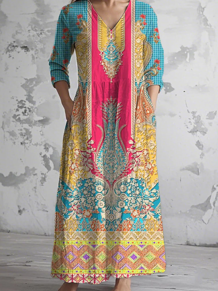 V Neck Casual Jersey Ethnic Dress With No