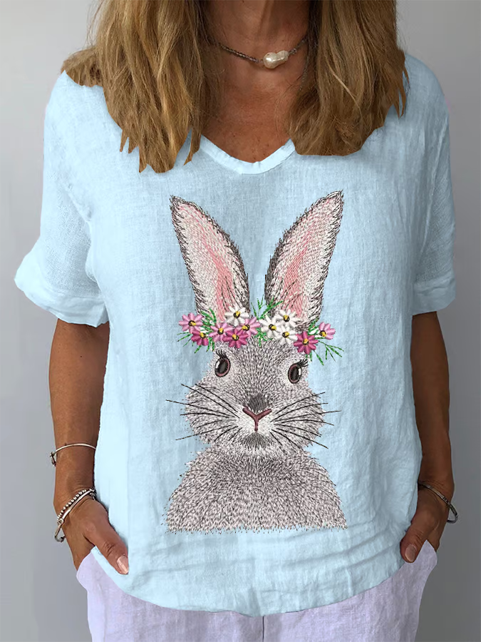 Women's Easter Bunny Print Casual V-Neck Cotton and Linen Top