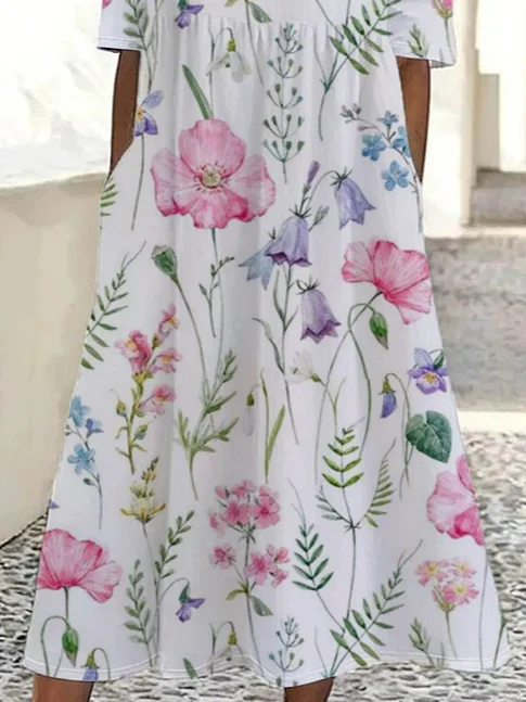 Women's Short Sleeve Summer White Floral Printing Crew Neck Daily Going Out Casual Maxi H-Line Shift Dress Dress