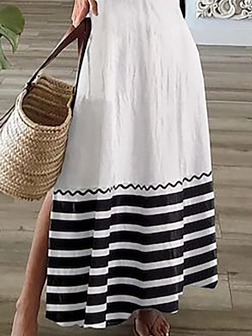 Women's Striped Spring Print V-Neck Short Sleeve Slit Dress