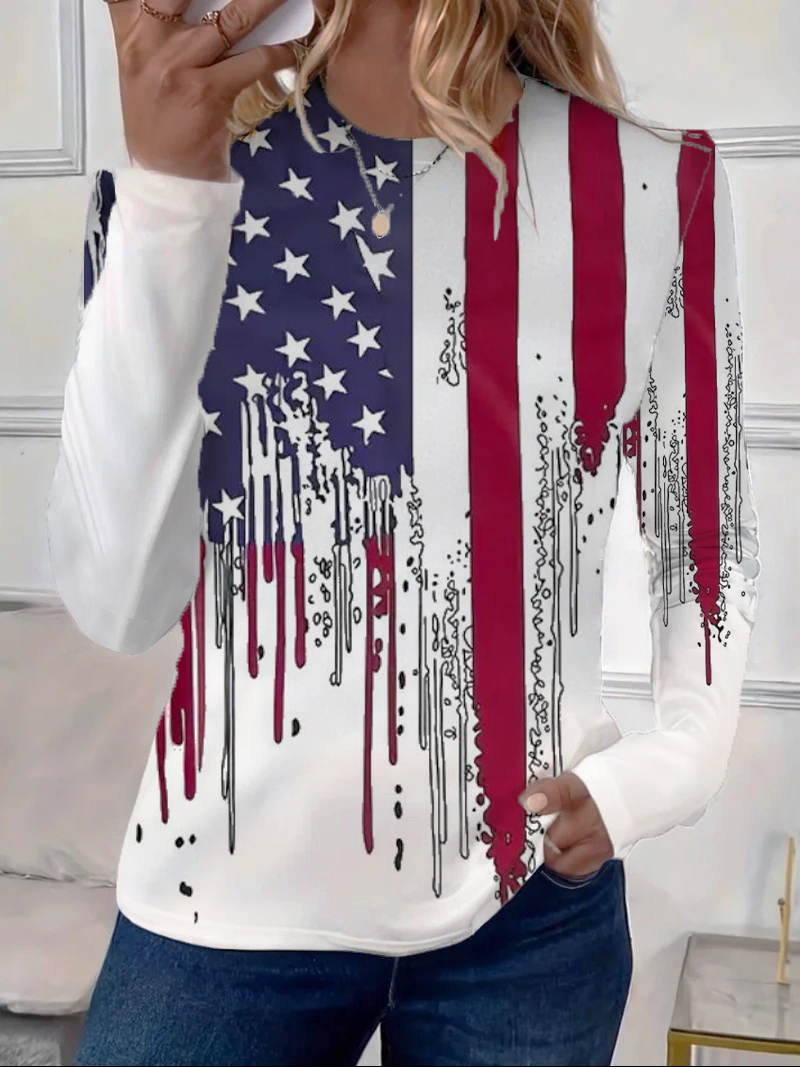 Women's July 4th Independence Day Flag Print Round Neck Long Sleeve T-Shirt