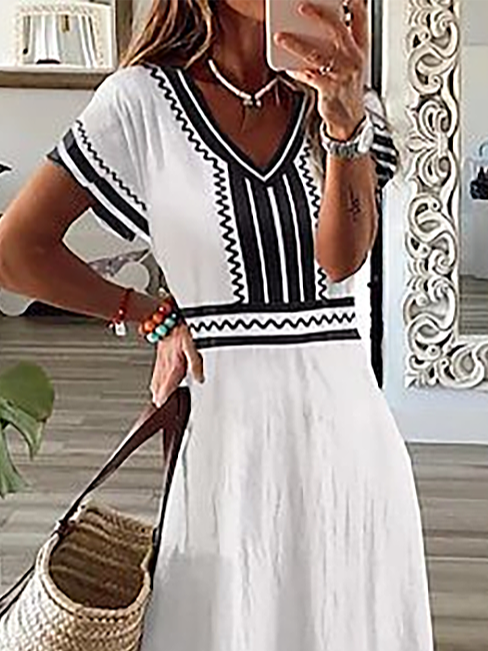 Women's Striped Spring Print V-Neck Short Sleeve Slit Dress