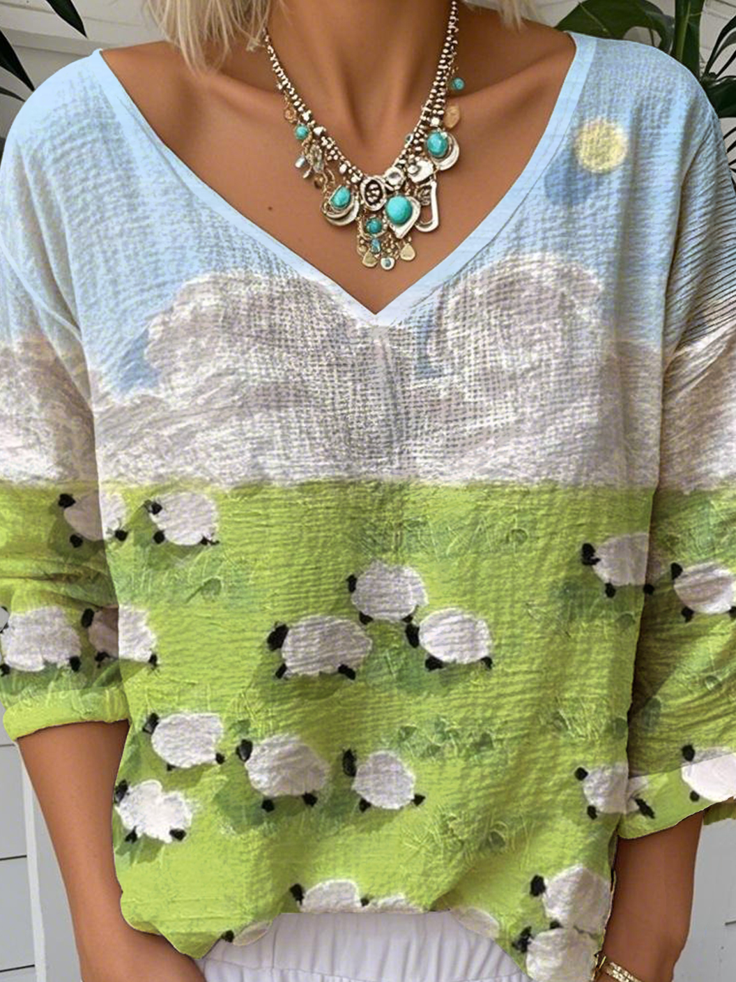 Print Casual V Neck Long Sleeve T-Shirt
