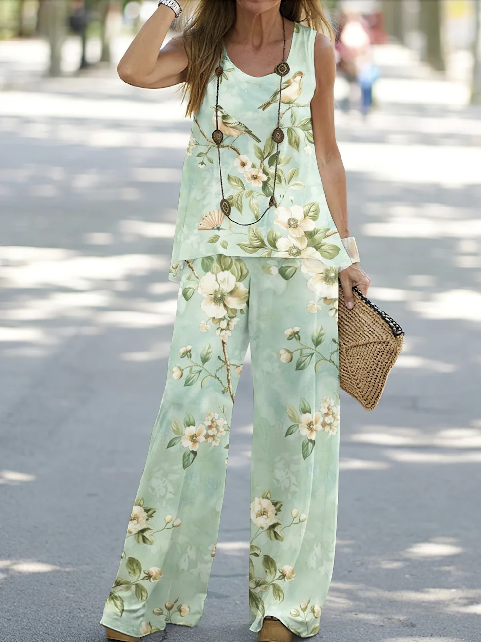 Flower and bird art print elegant casual two-piece set