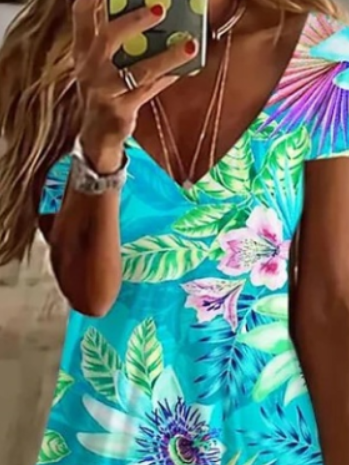 V Neck Floral Hawaii Cotton Dress With No