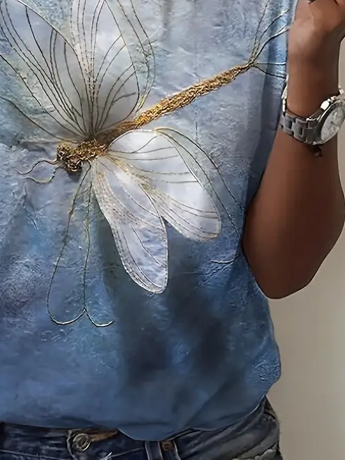 Women's Dragonfly Spring Print Casual Round Neck Short Sleeve T-Shirt