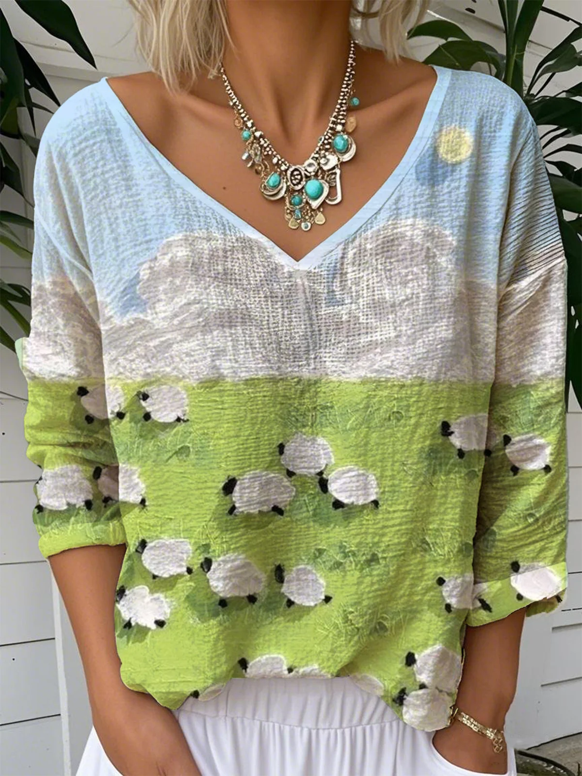 Print Casual V Neck Long Sleeve T-Shirt