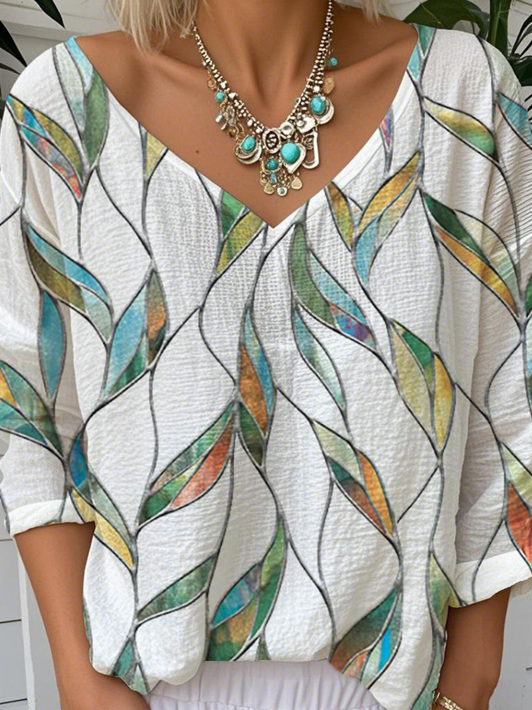 Print Casual V Neck Long Sleeve T-Shirt