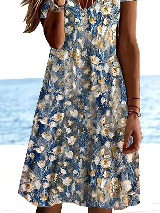 Women Casual Floral Summer Micro-Elasticity Daily Midi A-Line Regular No Dresses