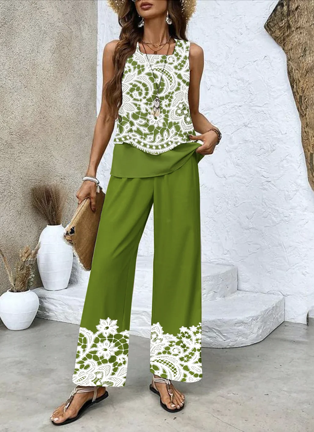 Fashionable lace floral splicing elegant casual two-piece set