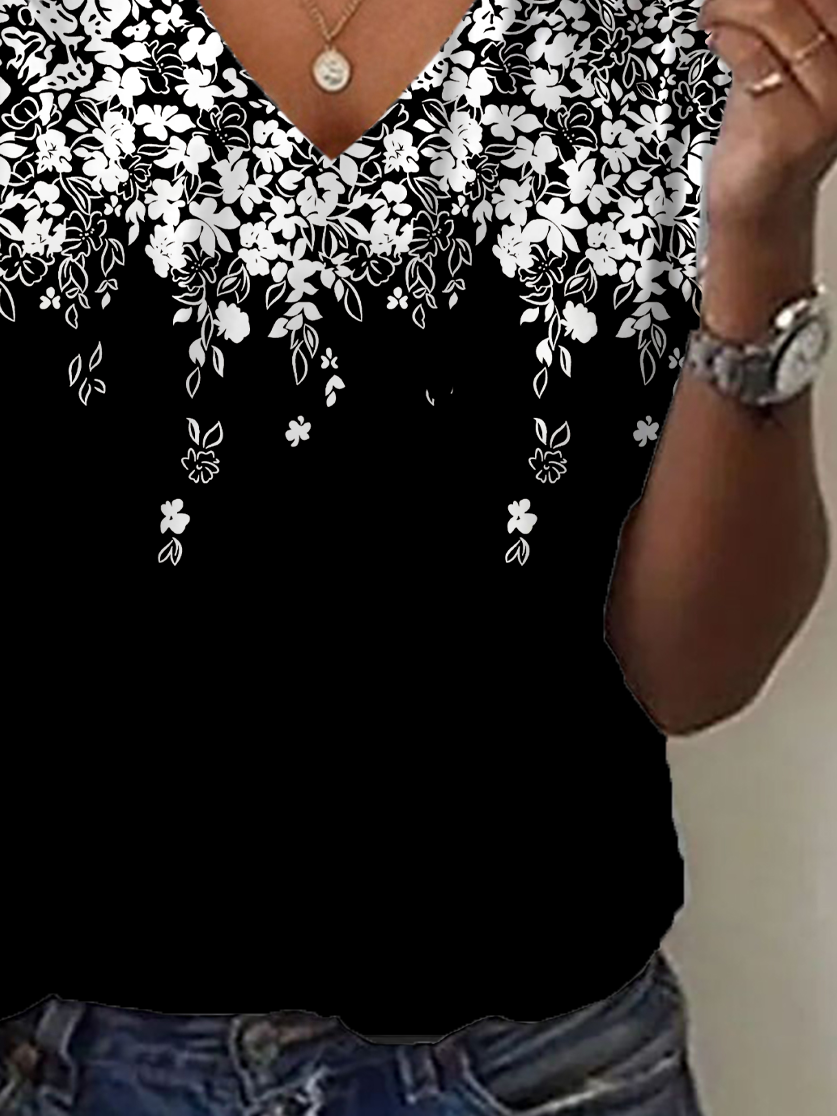 Women's Floral Print Casual V-Neck Short Sleeve T-Shirt